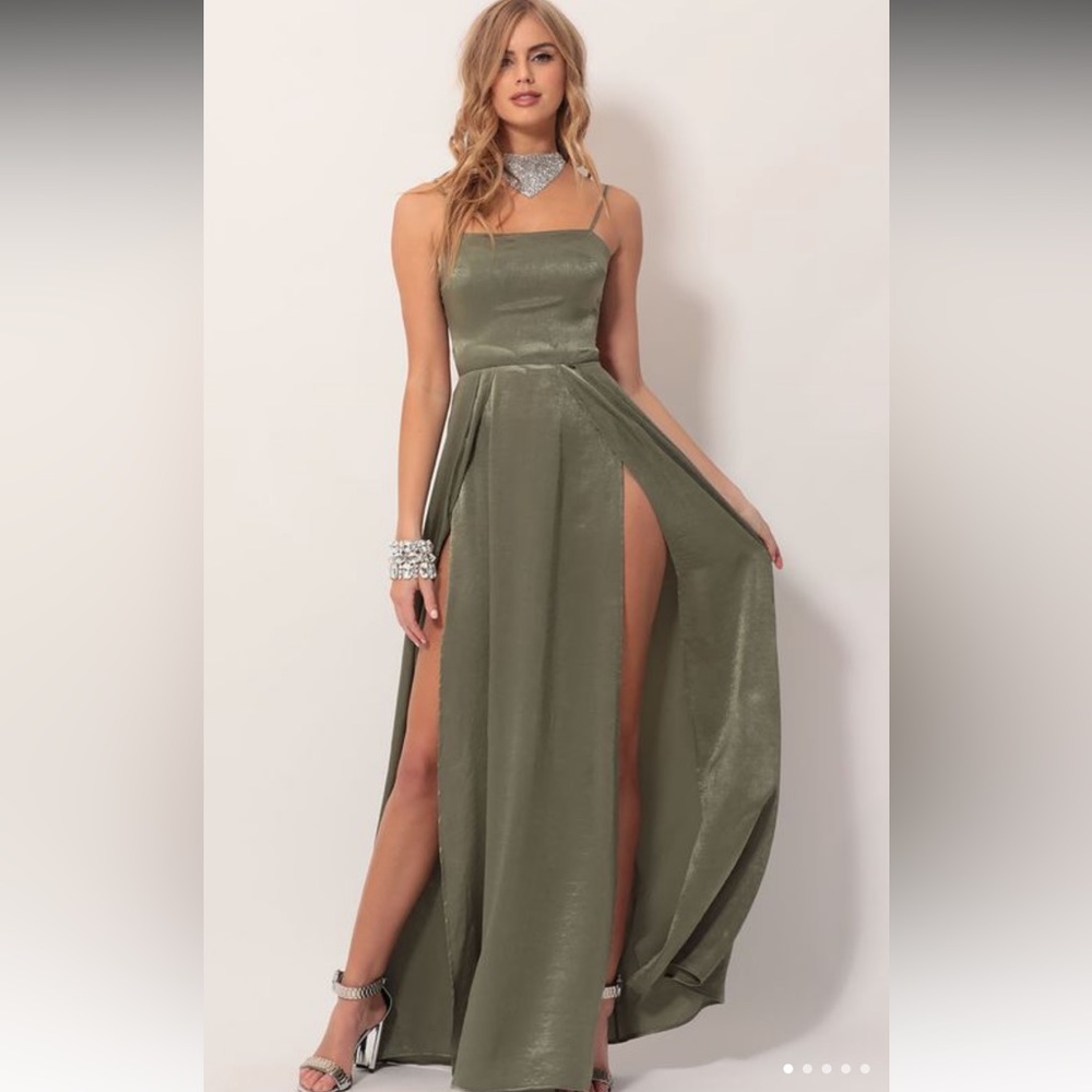 Slit Satin Maxi Dress in Olive Green